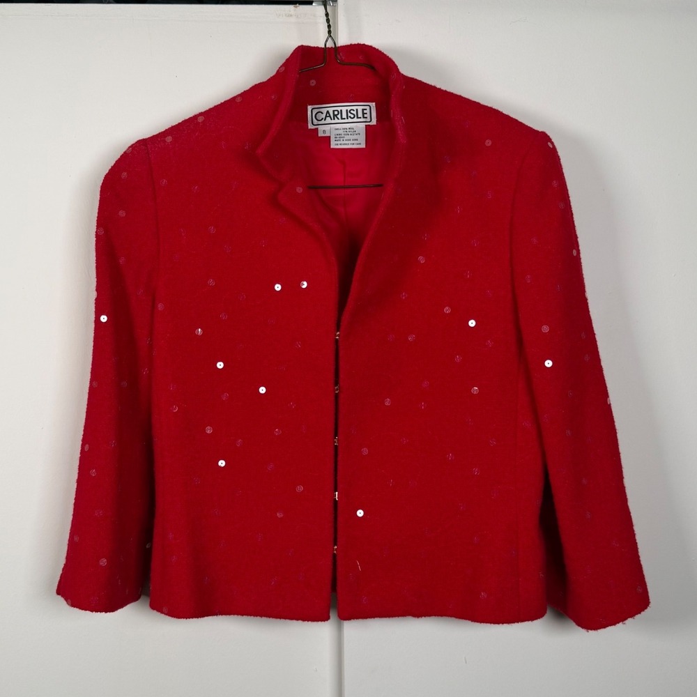 Carlisle Red Wool Blend Sequin Blazer Jacket Gold Hook Closure Womens 8